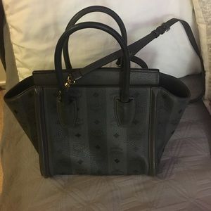 MCM SMALL STRIPED VISETOS GREY LEATHER SATCHEL